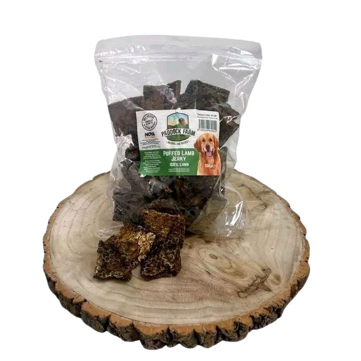 Paddock Farm Puffed Lamb Jerky 500g Natural Dog Treat with Omega 3 Fatty Acids for Immune Boost and Joint Health