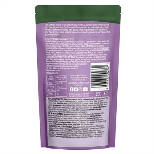 Country Hunter Adult Wet Dog Food - Farm Reared Turkey - 6x150g Pouches - Image 2