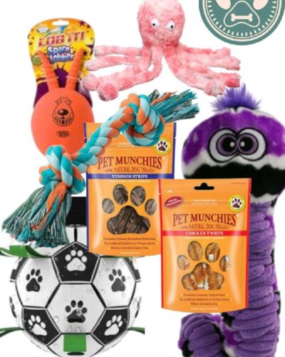 Onyx's  Dog Treat & Dog Toy Bundle for Dogs - Includes 4 Toys & 2 Packs of Delicious Treats - Perfect for Playtime Fun